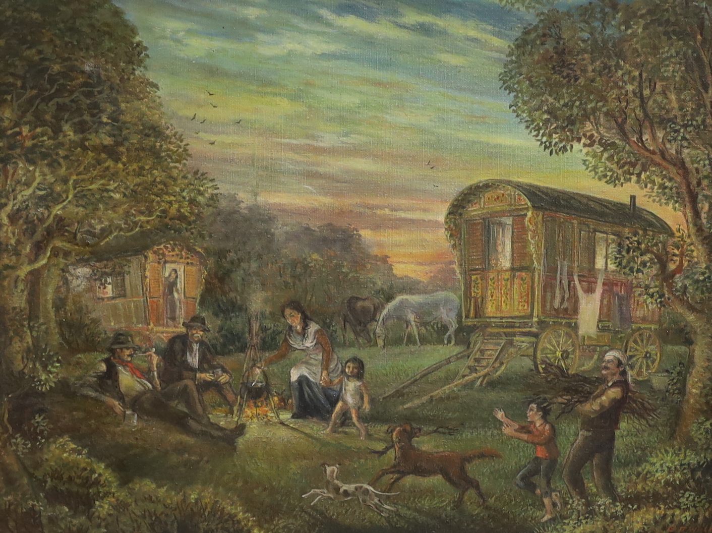 20th century English School, oil on canvas, Gypsy encampment, indistinctly signed, 34 x 26cm